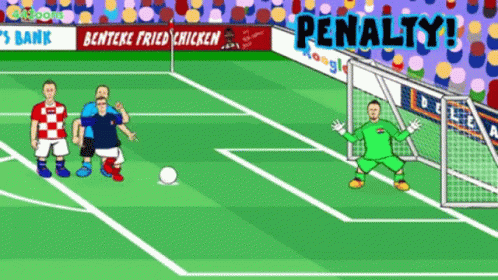 A Cartoon Of A Soccer Game With A Banner For Benteke Fried Chicken Behind The Goal GIF