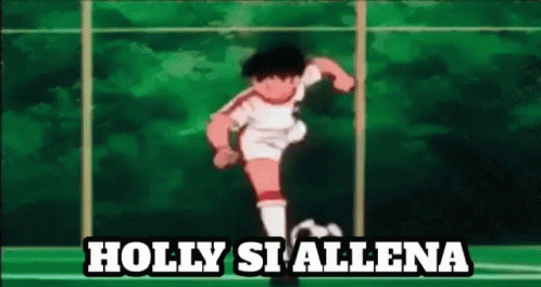 a cartoon of a soccer player kicking a soccer ball with the words holly si allena written on the bottom .