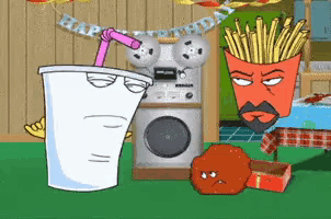 a cartoon of a soda and french fries with a happy birthday banner above them