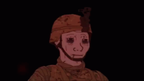A Cartoon Of A Soldier With A Sad Face And A Helmet On . GIF