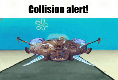 A Cartoon Of A Space Ship With The Words " Collision Alert " On The Bottom GIF