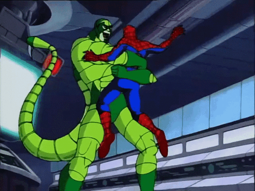 A Cartoon Of A Spider-Man Being Held By A Scorpion GIF