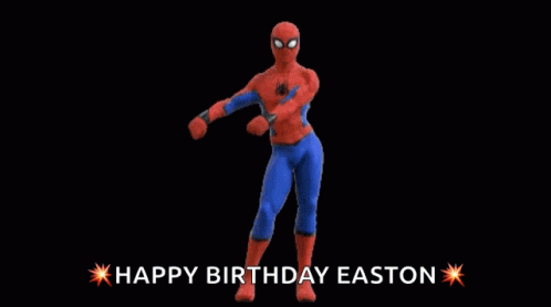 A Cartoon Of A Spider Man Dancing With The Words Happy Birthday Easton GIF