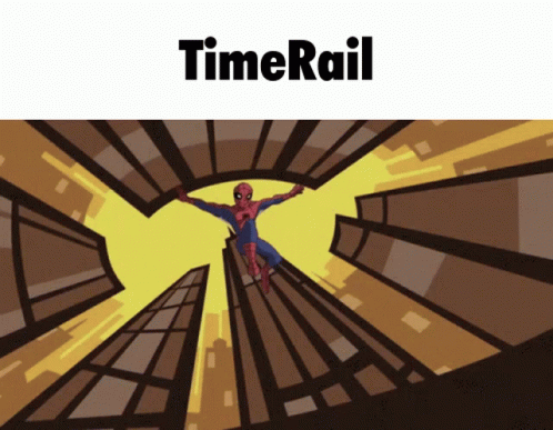 A Cartoon Of A Spider Man Flying Through The Air With The Words Timerail Below Him GIF