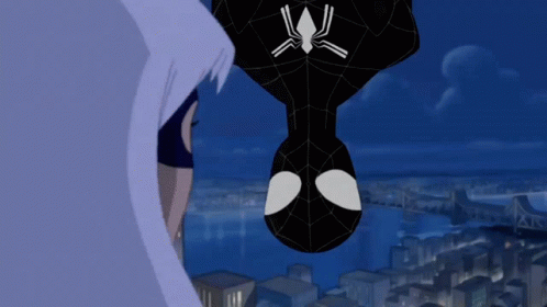 A Cartoon Of A Spider Man Hanging Upside Down With A City In The Background GIF