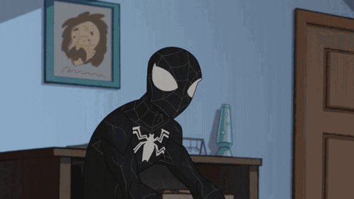 A Cartoon Of A Spider Man In A Black Suit GIF