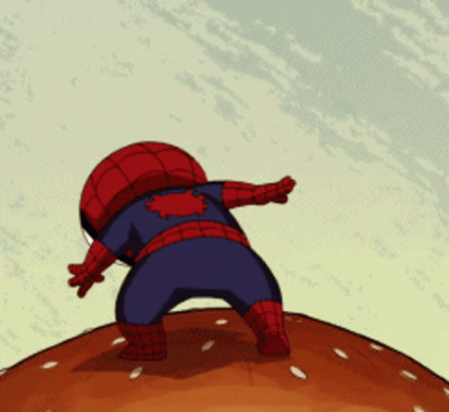 A Cartoon Of A Spider Man Standing On A Hamburger GIF