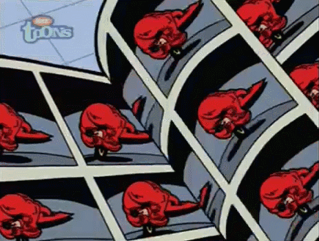 a cartoon of a spider web with red skulls on it