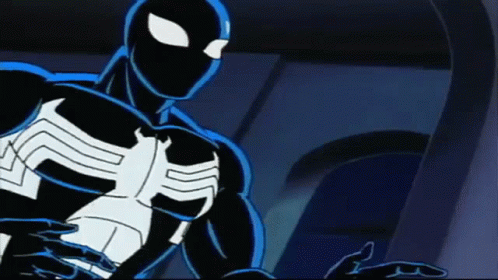 A Cartoon Of A Spiderman In A Black And White Suit GIF