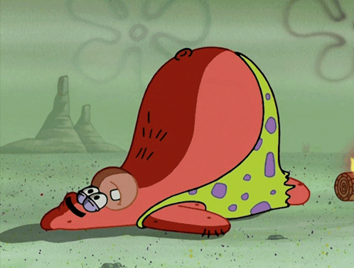 A Cartoon Of A Spongebob Character Laying On The Ground Next To A Log Fire GIF