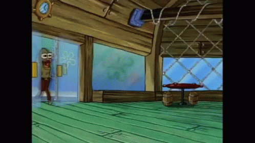 A Cartoon Of A Spongebob Character Standing In A Room GIF