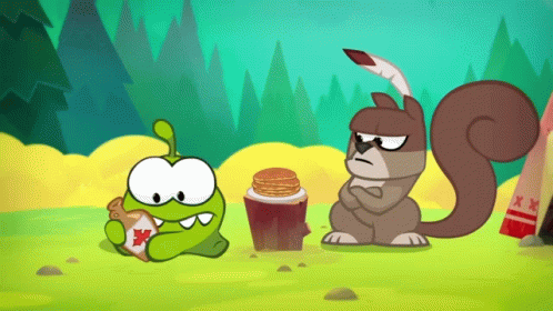 a cartoon of a squirrel holding a bag of maple syrup next to a squirrel eating pancakes
