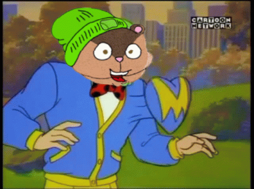 A Cartoon Of A Squirrel Wearing A Green Hat And A Blue Jacket With Cartoon Network Written On The Bottom GIF