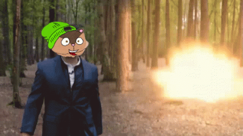 A Cartoon Of A Squirrel Wearing A Green Hat Is Standing In The Woods GIF
