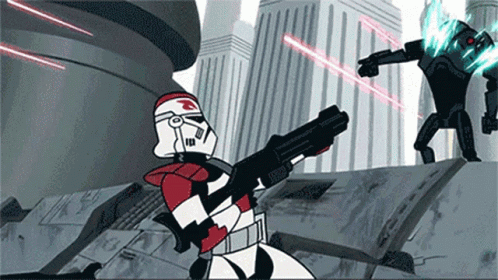 A Cartoon Of A Storm Trooper Holding A Gun With The Letter G On His Chest GIF
