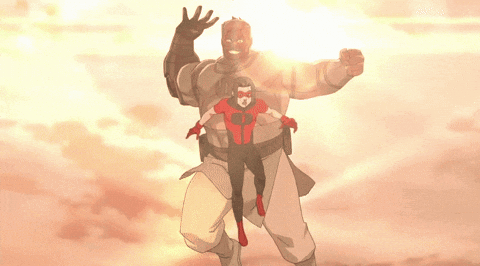 A Cartoon Of A Superhero Carrying Another Superhero On His Shoulders GIF