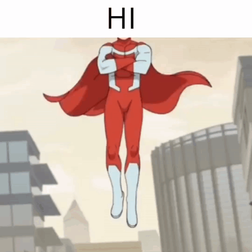 A Cartoon Of A Superhero Flying In The Air With The Words Hi Above Him GIF