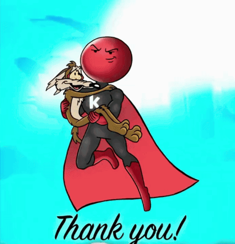 a cartoon of a superhero holding a coyote with the words thank you behind him
