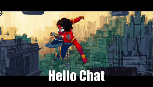 A Cartoon Of A Superhero Is Flying Through The Air With The Words Hello Chat Below Him GIF