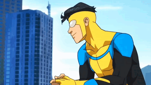 a cartoon of a superhero standing in front of a tall building .