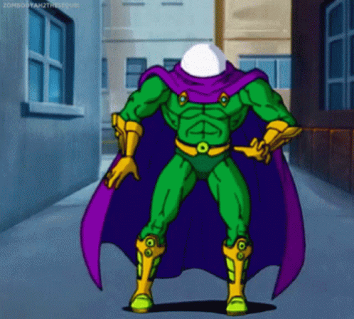 A Cartoon Of A Superhero With A Purple Cape Standing On A Sidewalk GIF