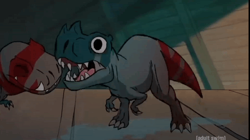 A Cartoon Of A T-Rex With Its Mouth Open And Adult Swim Written On The Bottom GIF