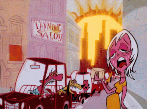 A Cartoon Of A Tanning Salon With A Woman Screaming GIF