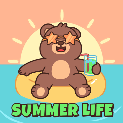 A Cartoon Of A Teddy Bear Floating On A Raft With The Words Summer Life Below Him GIF