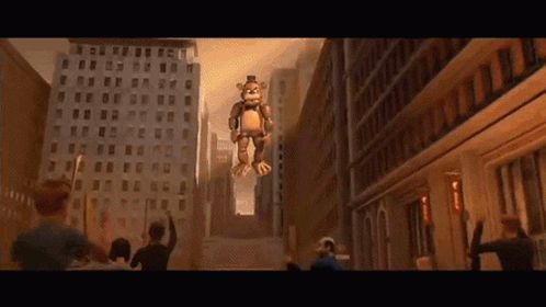 A Cartoon Of A Teddy Bear Flying Through The Air In A City . GIF