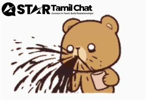 A Cartoon Of A Teddy Bear Holding A Cup With A Star Tamil Chat Logo Above It GIF