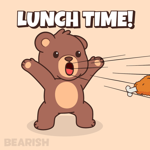 A Cartoon Of A Teddy Bear Holding A Fried Chicken Leg With The Words Lunch Time Written Above It GIF