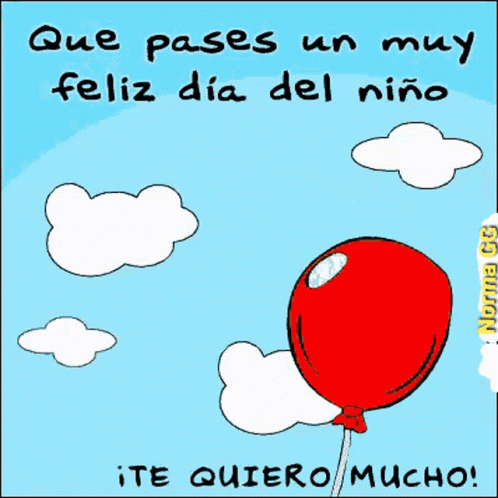 A Cartoon Of A Teddy Bear Holding A Red Balloon Says Que Pases Un Muy Feliz Dia Del Niño Te Quiero Mucho GIF