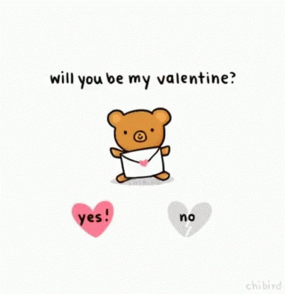 A Cartoon Of A Teddy Bear Holding An Envelope With The Words " Will You Be My Valentine " On It GIF