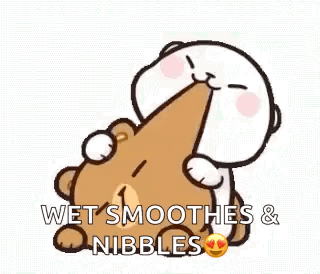A Cartoon Of A Teddy Bear Hugging Another Teddy Bear With The Words `` Wet Smoothies & Nibbles '' . GIF
