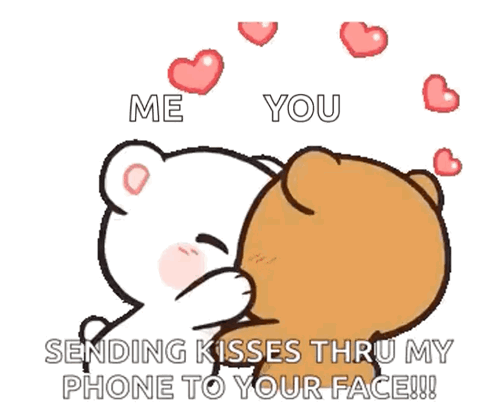 A Cartoon Of A Teddy Bear Kissing Another Teddy Bear With The Words Me You Sending Kisses Thru My Phone To Your Face GIF