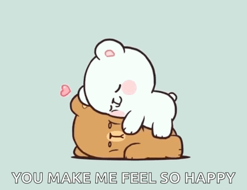 A Cartoon Of A Teddy Bear Laying On Top Of Another Teddy Bear With The Words `` You Make Me Feel So Happy '' . GIF