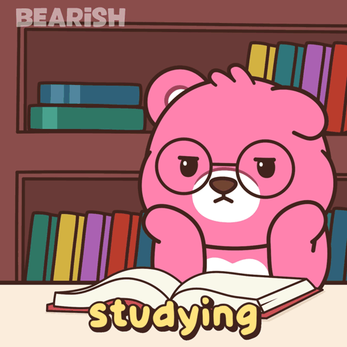 A Cartoon Of A Teddy Bear Reading A Book With The Word Studying Underneath GIF