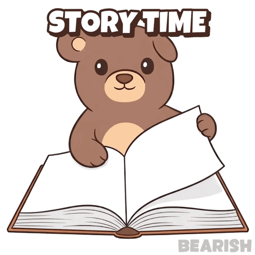 a cartoon of a teddy bear reading a book with the words story time beneath it