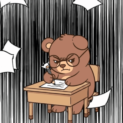 A Cartoon Of A Teddy Bear Sitting At A Desk Writing GIF