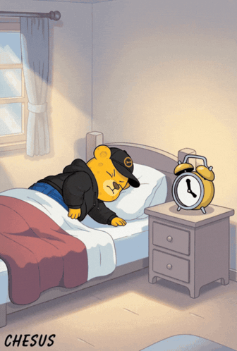A Cartoon Of A Teddy Bear Sleeping Next To An Alarm Clock With The Word Chesus Below It GIF