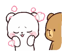 a cartoon of a teddy bear standing next to another teddy bear with bubbles coming out of its eyes .
