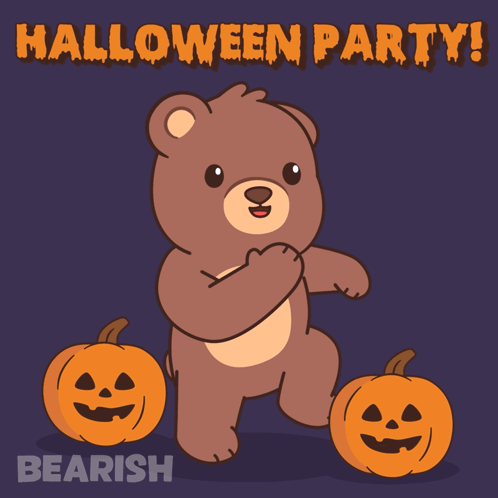 A Cartoon Of A Teddy Bear Standing Next To Pumpkins With The Words Halloween Party Below It GIF
