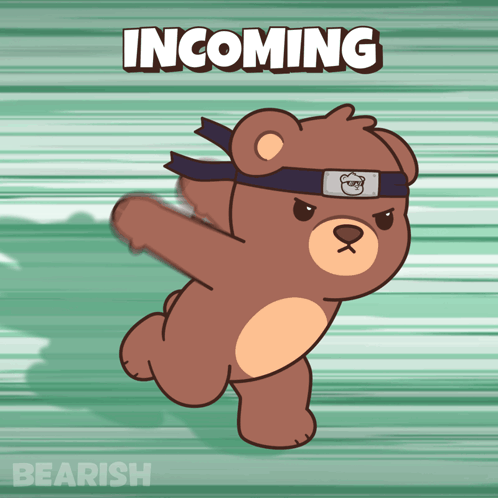 A Cartoon Of A Teddy Bear Wearing A Headband With The Word Incoming Above It GIF