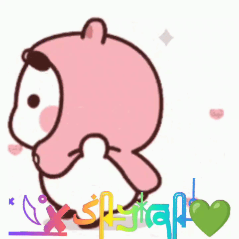 A Cartoon Of A Teddy Bear Wearing A Pink Hat With The Words Xslytaf Written On It GIF