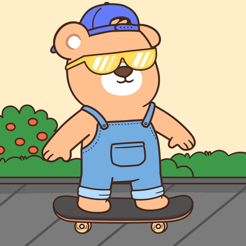 A Cartoon Of A Teddy Bear Wearing Overalls And Sunglasses Riding A Skateboard GIF