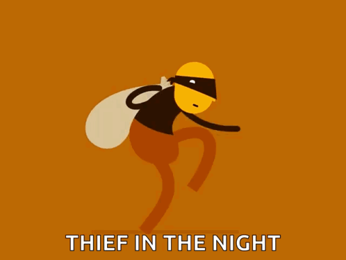 A Cartoon Of A Thief With The Words Thief In The Night Underneath Him GIF