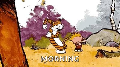 A Cartoon Of A Tiger And A Boy Standing Next To Each Other With The Words Morning Written In The Corner . GIF