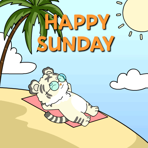 A Cartoon Of A Tiger Laying On A Beach With The Words Happy Sunday Above It GIF