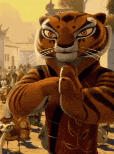 A Cartoon Of A Tiger Standing In Front Of A Crowd Of People GIF