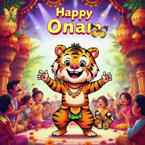 a cartoon of a tiger with the words happy onam written on the bottom